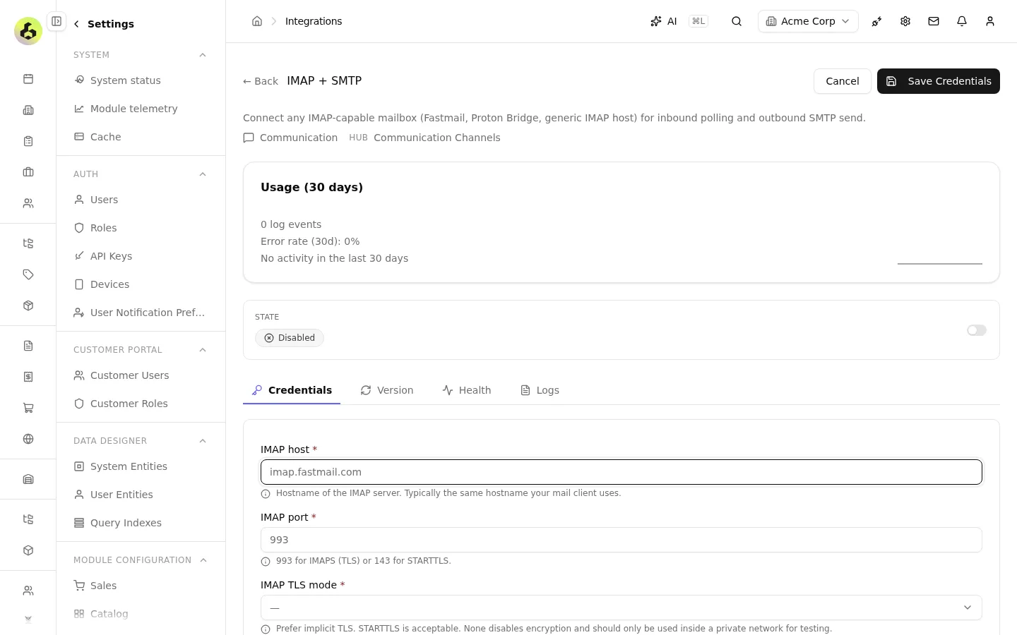 IMAP and SMTP channel settings with host, port and TLS mode fields.
