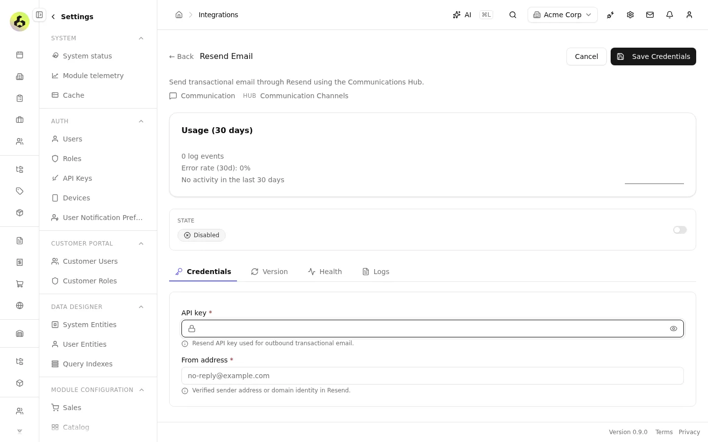 Resend email channel settings with API key and verified from address.