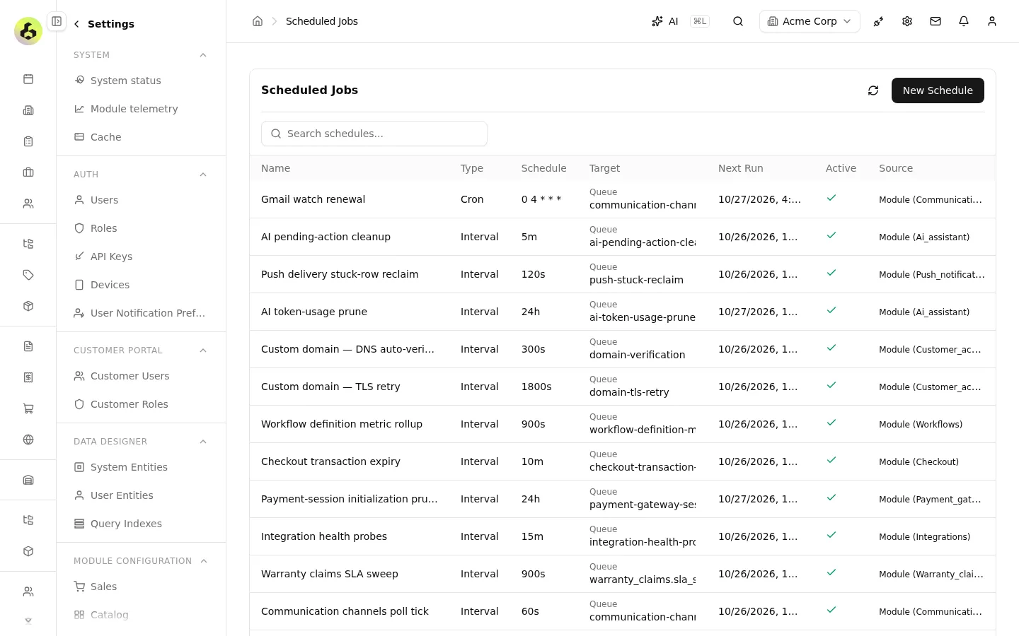 Scheduled jobs list with cron and interval schedules, queue targets, next runs and source modules.