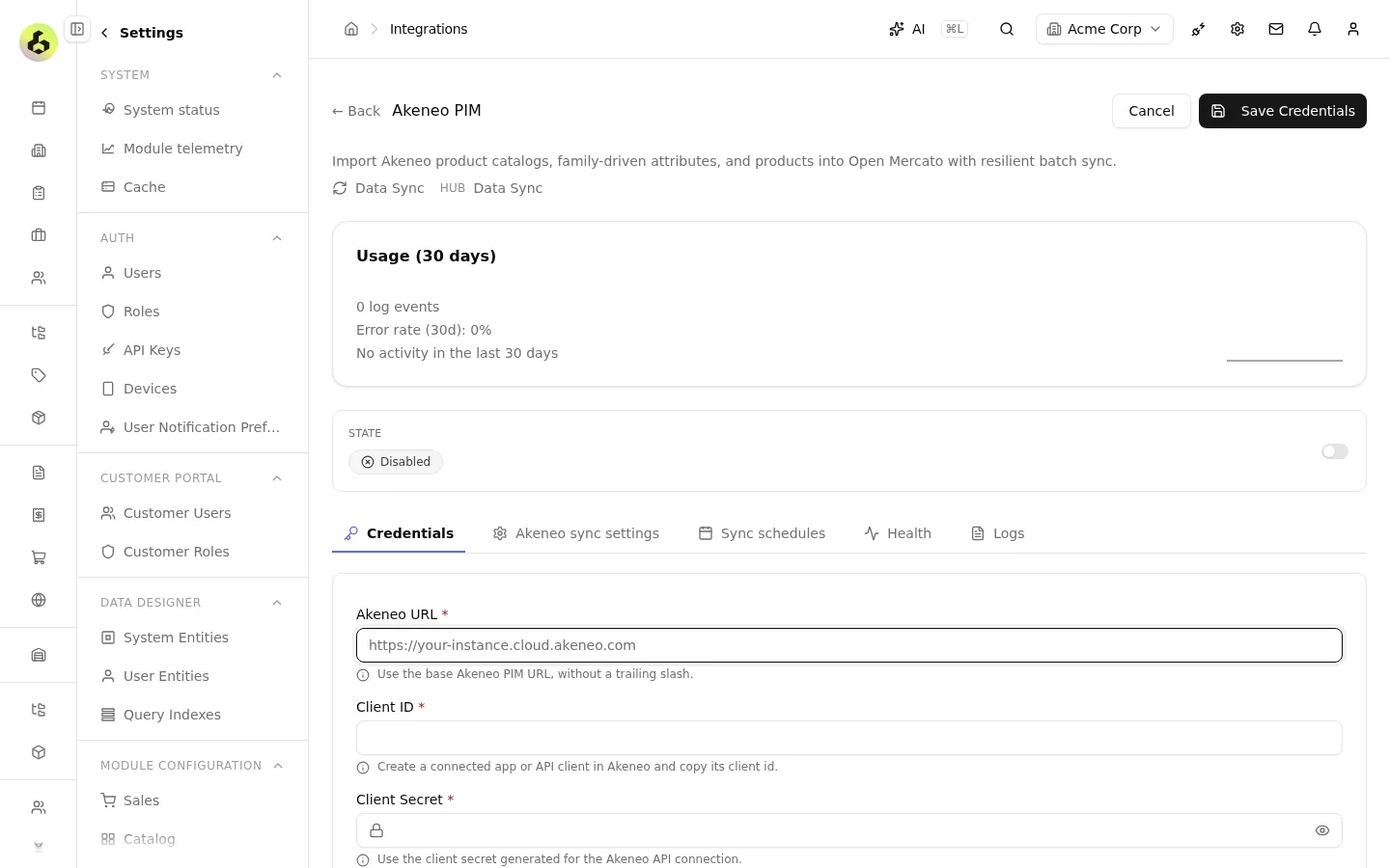 Akeneo PIM integration settings with credentials, sync settings and sync schedule tabs.